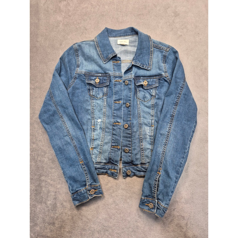 C'est Toi USA Edgy Med. Wash Distressed Denim Trucker Jacket HV1101 Womens Large